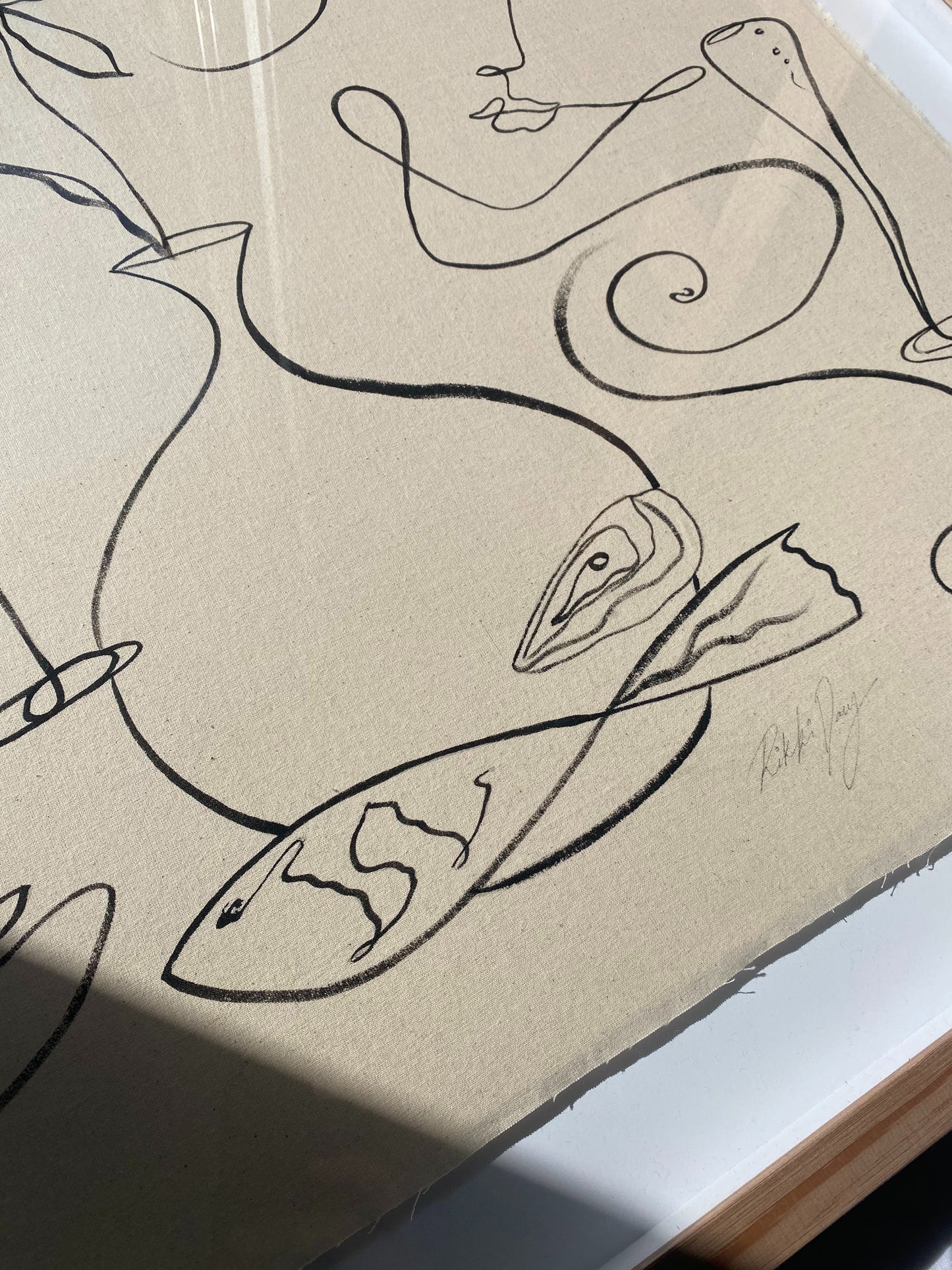 "Meet me in Mykonos" - Original Black acrylic on raw edged cotton, framed in Tasmanian Oak. 1000mm x 740mm