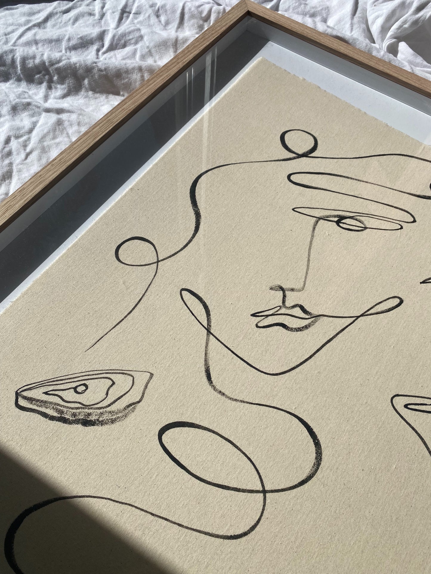 "Meet me in Mykonos" - Original Black acrylic on raw edged cotton, framed in Tasmanian Oak. 1000mm x 740mm