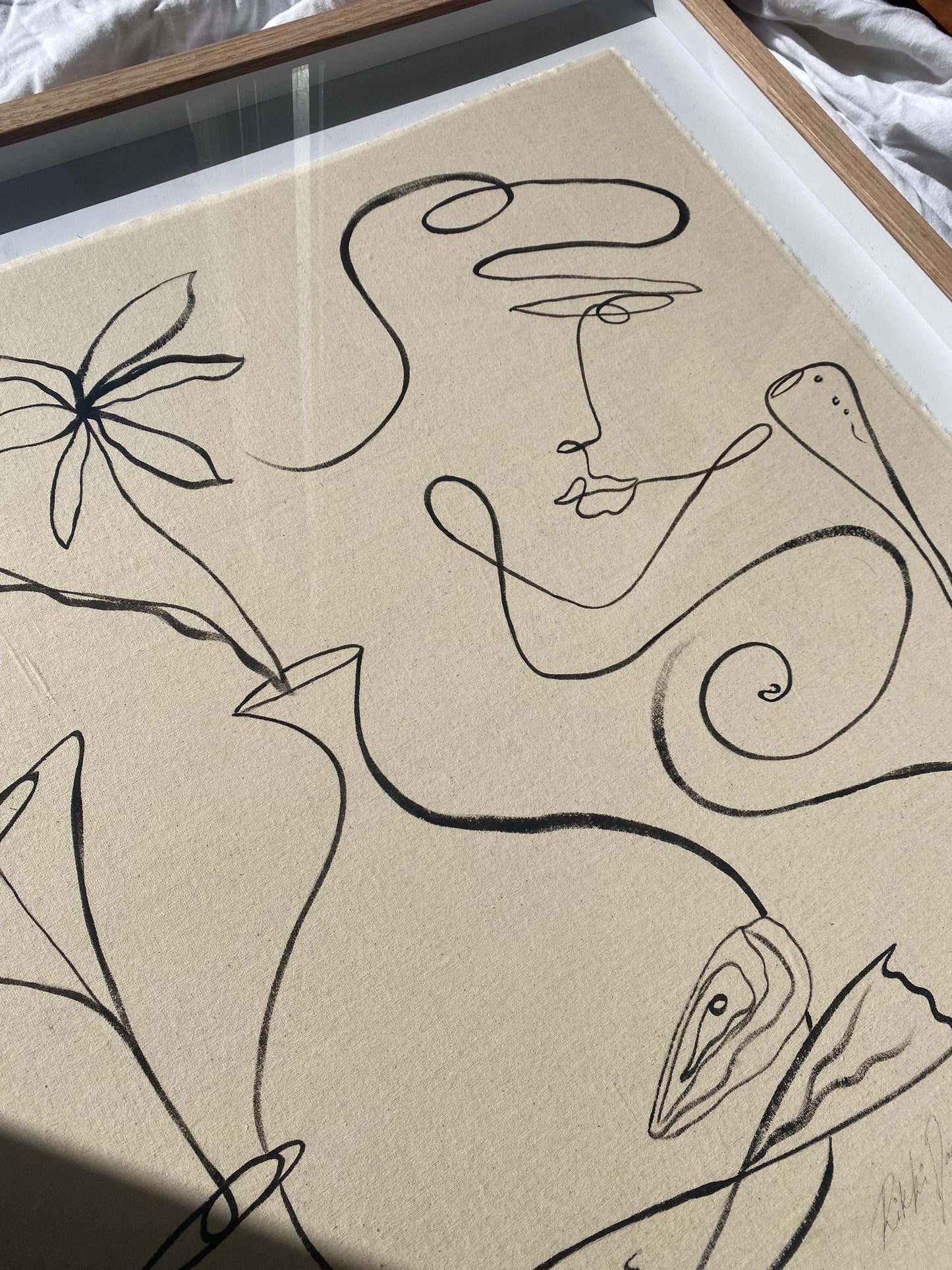 "Meet me in Mykonos" - Original Black acrylic on raw edged cotton, framed in Tasmanian Oak. 1000mm x 740mm