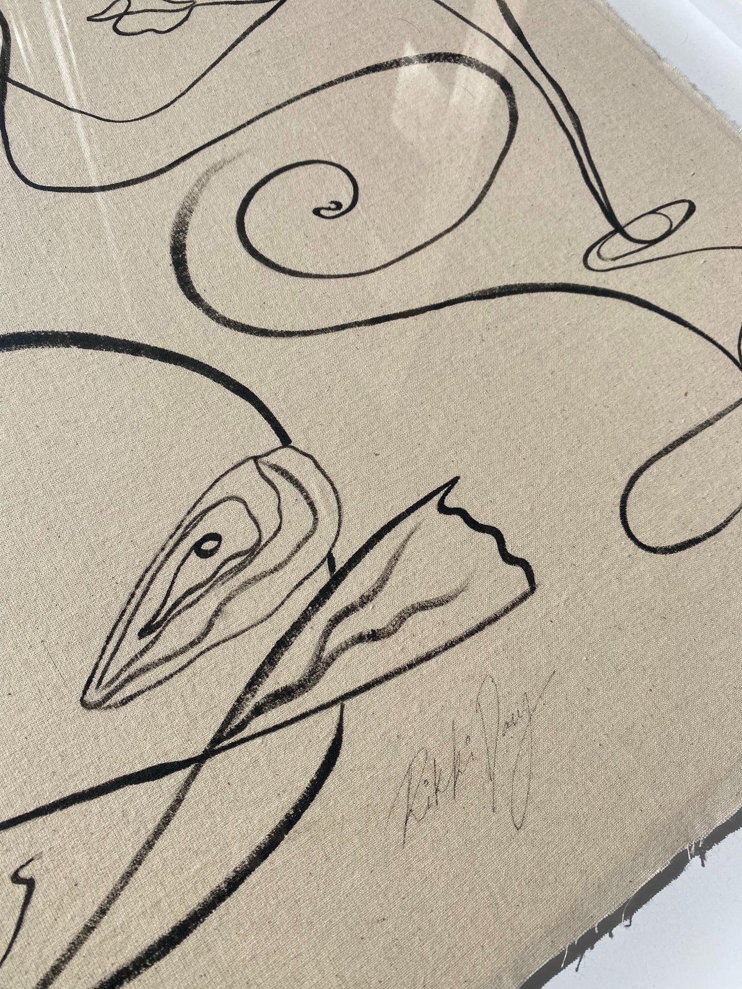 "Meet me in Mykonos" - Original Black acrylic on raw edged cotton, framed in Tasmanian Oak. 1000mm x 740mm