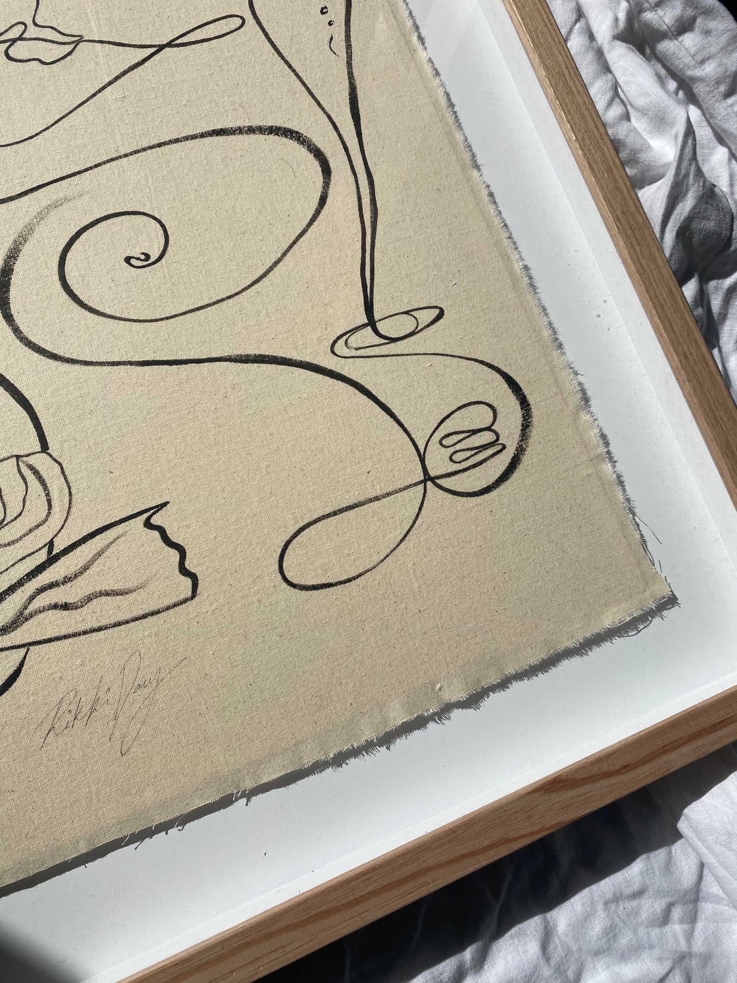 "Meet me in Mykonos" - Original Black acrylic on raw edged cotton, framed in Tasmanian Oak. 1000mm x 740mm