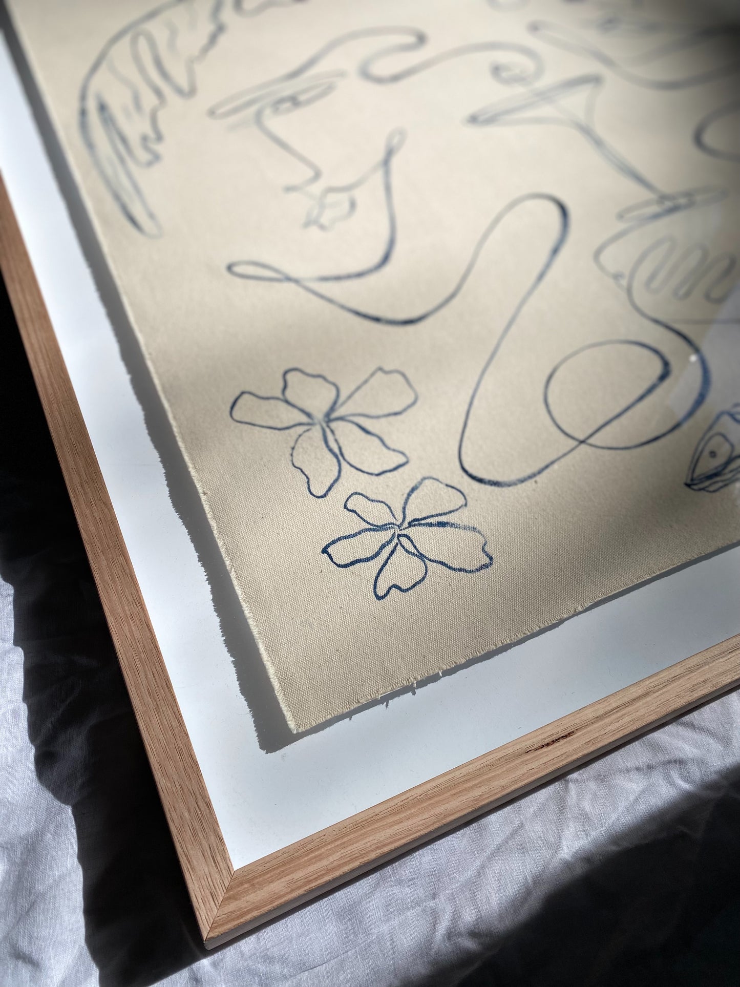 "Life tastes better together" - Original blue acrylic on frayed canvas, framed in Tasmanian Oak. 1040mm x 900mm