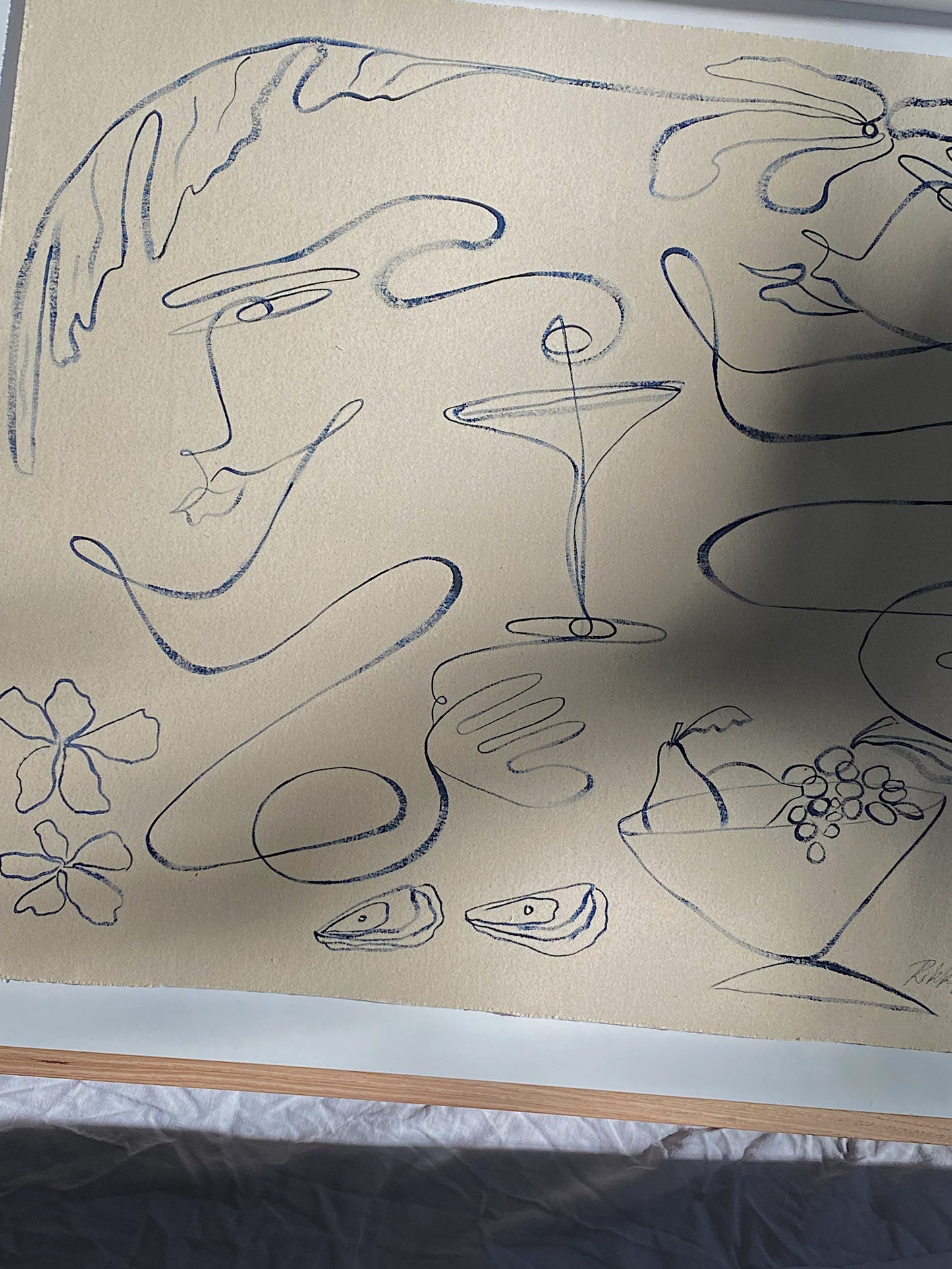 "Life tastes better together" - Original blue acrylic on frayed canvas, framed in Tasmanian Oak. 1040mm x 900mm