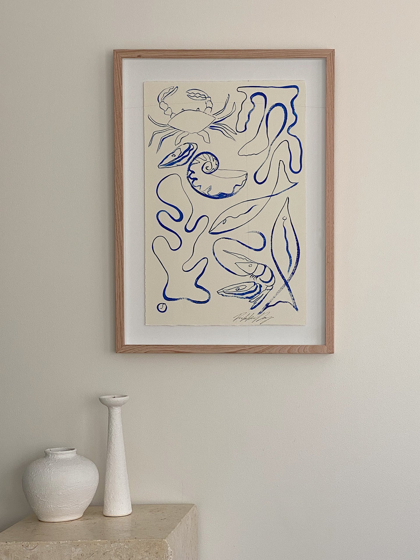 Below the foam and bubble. - Original Blue line work on cold pressed paper, famed in Tasmanian Oak, 700mm x 520mm