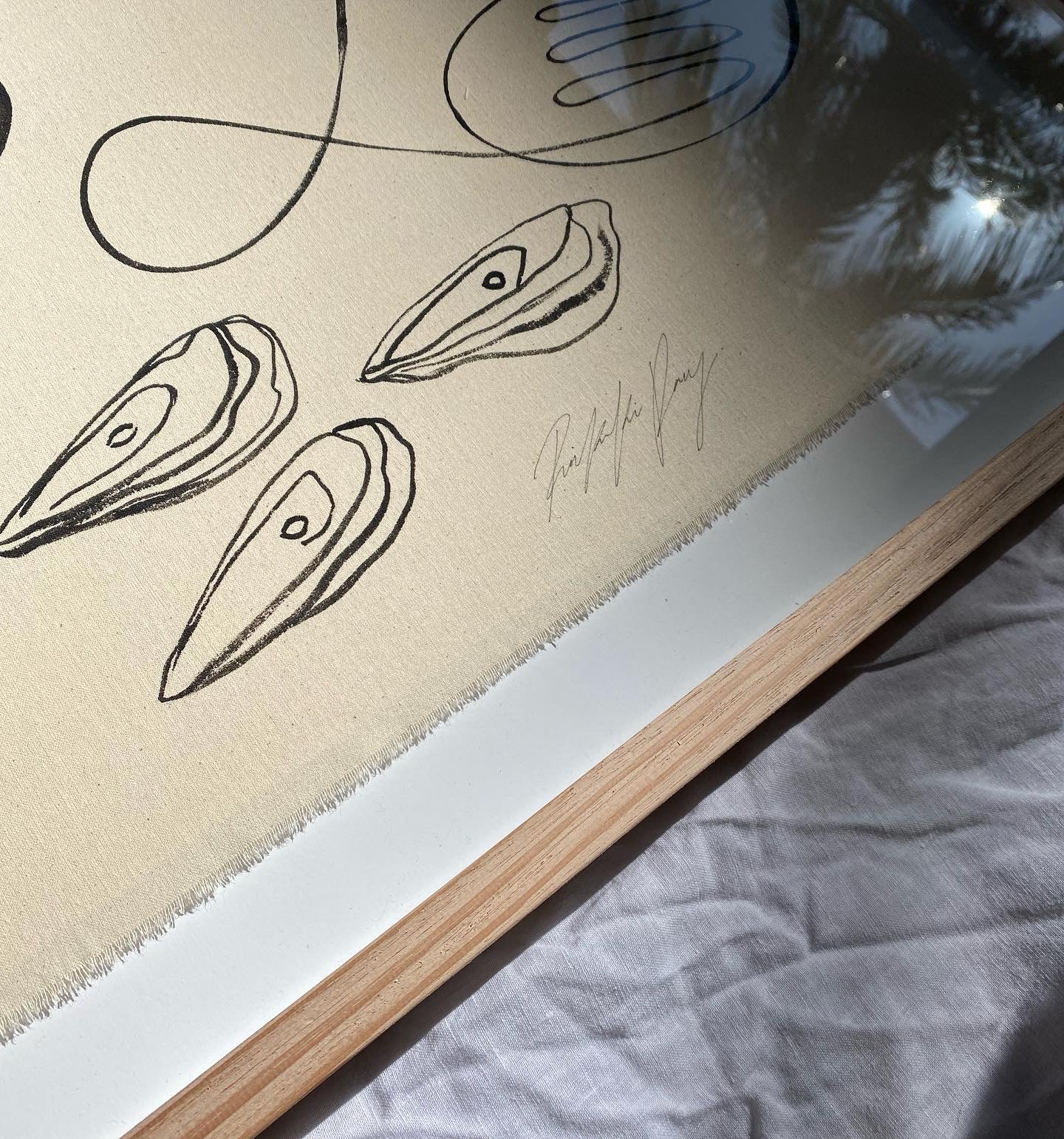 "Meet me in Mykonos" - Original Black acrylic on raw edged cotton, framed in Tasmanian Oak. 1000mm x 740mm