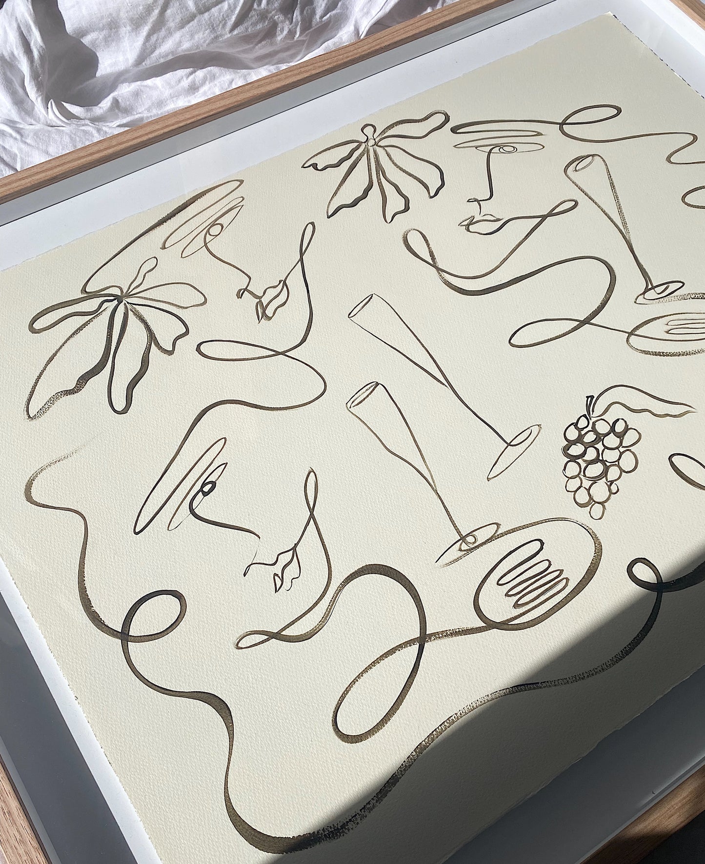 "Table of Plenty" - Original Chocolate brown line work on 300gsm cold pressed paper, framed in Tasmanian Oak. 910mm x 710mm