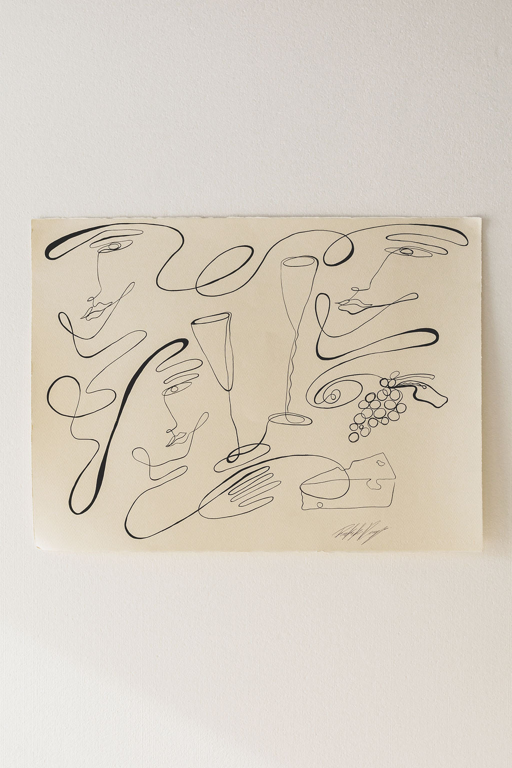 Champagne Club- Black ink continuous line on watercolour deckle edge 300gsm paper..