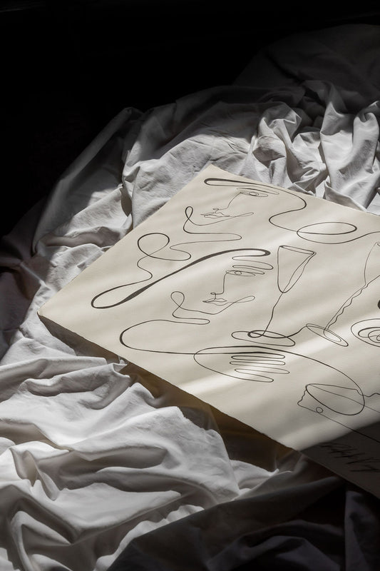 Champagne Club- Black ink continuous line on watercolour deckle edge 300gsm paper..