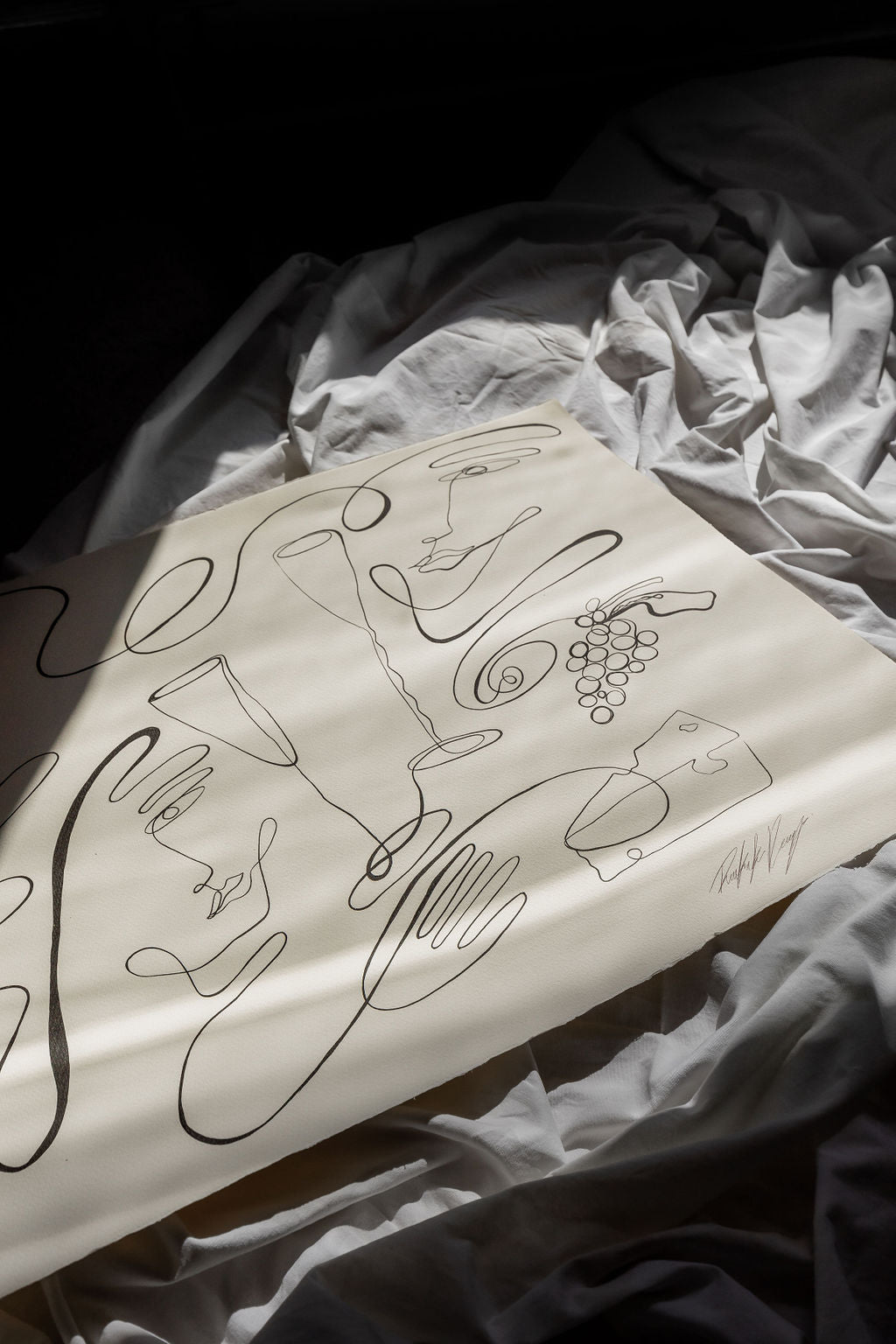 Champagne Club- Black ink continuous line on watercolour deckle edge 300gsm paper..