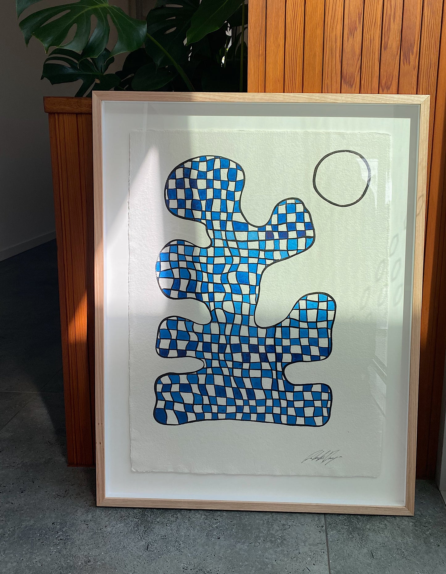 "Checkers" - Original Acrylic on Indian hand-pressed Khadi Paper, Framed in Tasmanian Oak. 710mm x 900mm