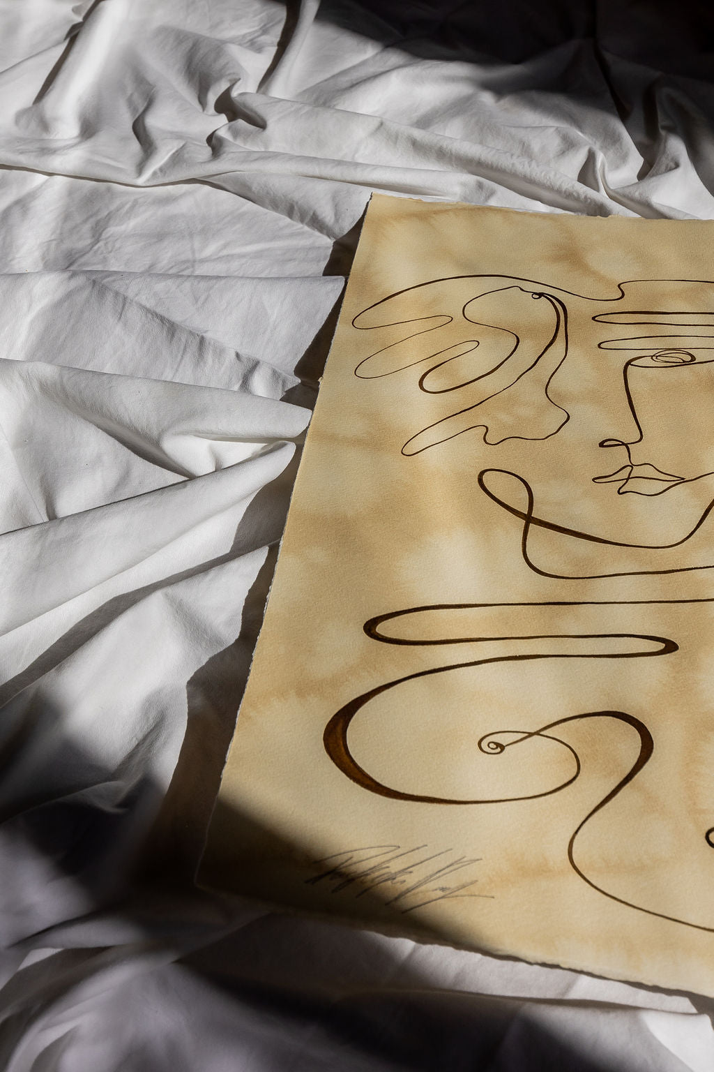 Contemplate - Sepia ink continuous line on water-dyed paper.