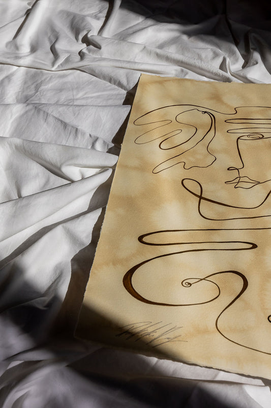 Contemplate - Sepia ink continuous line on water-dyed paper.