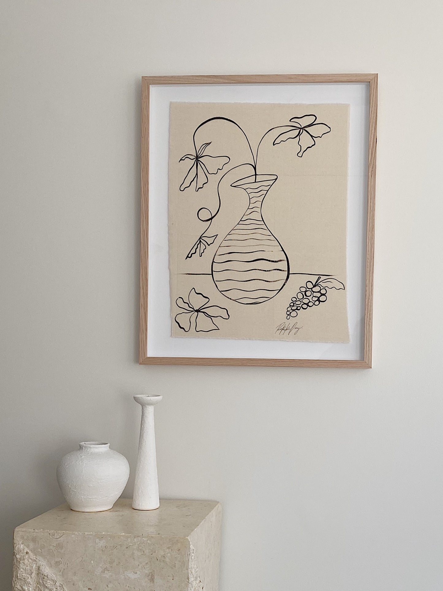 "From the Garden" - Original black acrylic on raw cotton, framed in Tasmanian Oak. 710mm x 580mm