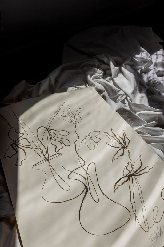 Ikebana- Sepia ink continuous line on soft hand pressed paper.