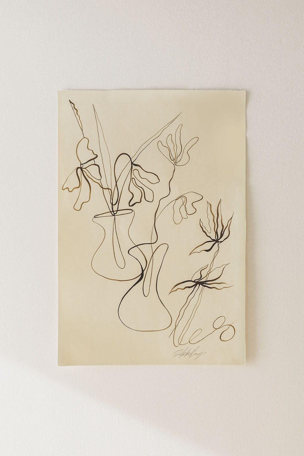 Ikebana- Sepia ink continuous line on soft hand pressed paper.