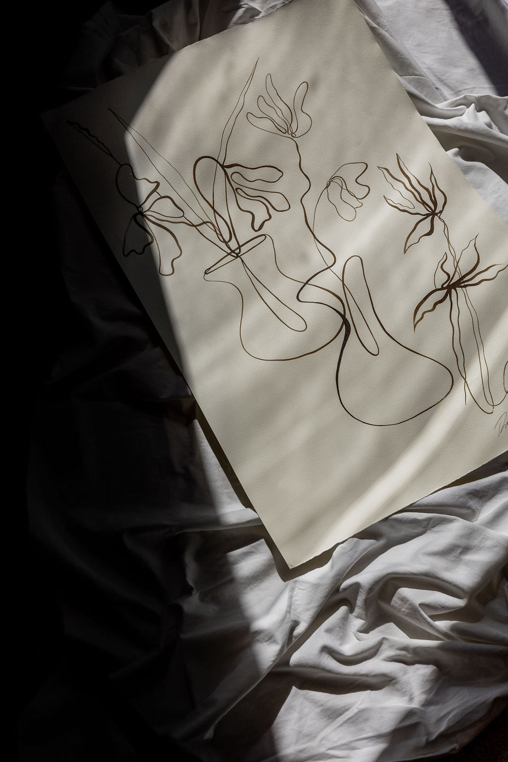 Ikebana- Sepia ink continuous line on soft hand pressed paper.