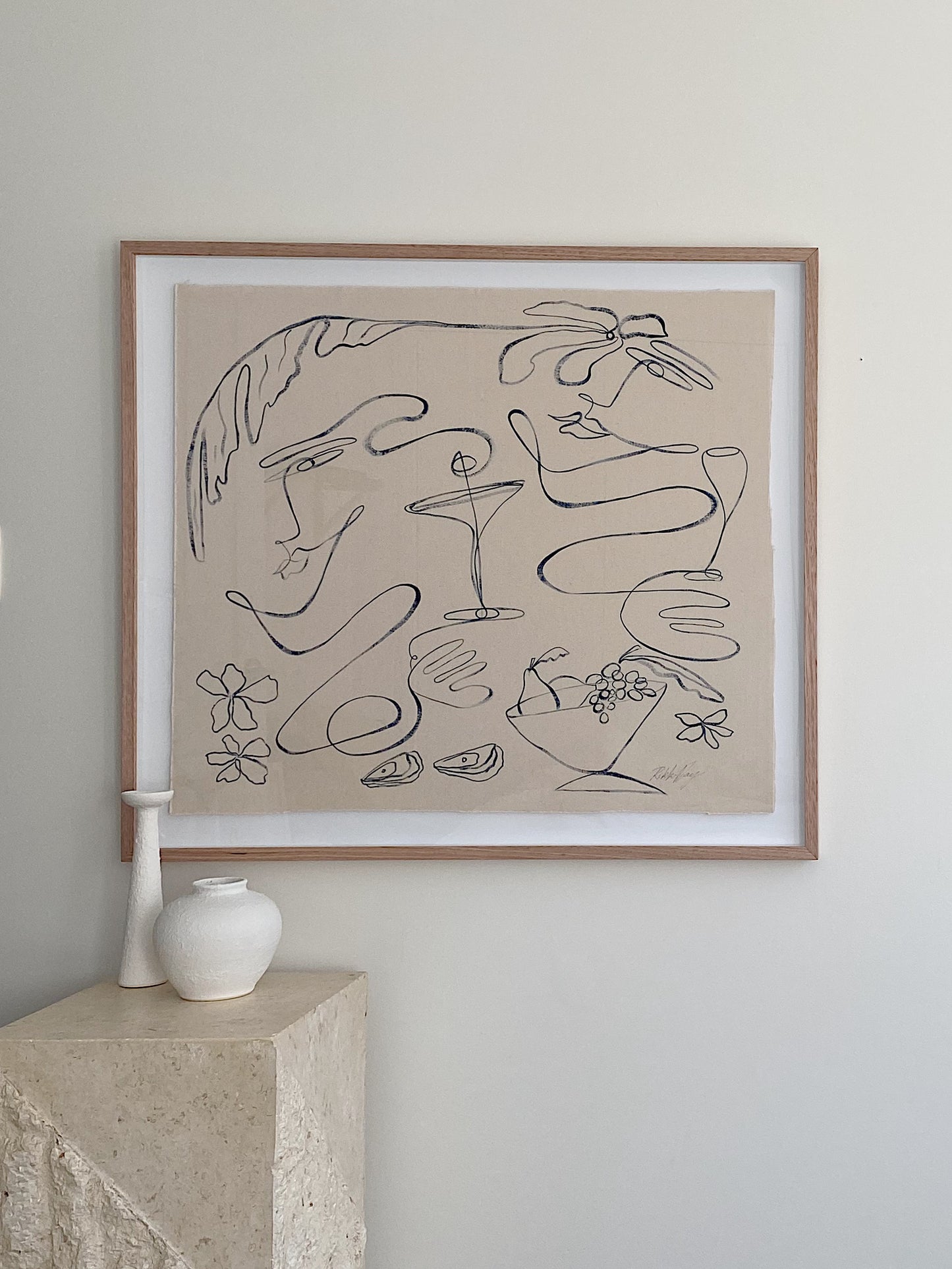 "Life tastes better together" - Original blue acrylic on frayed canvas, framed in Tasmanian Oak. 1040mm x 900mm