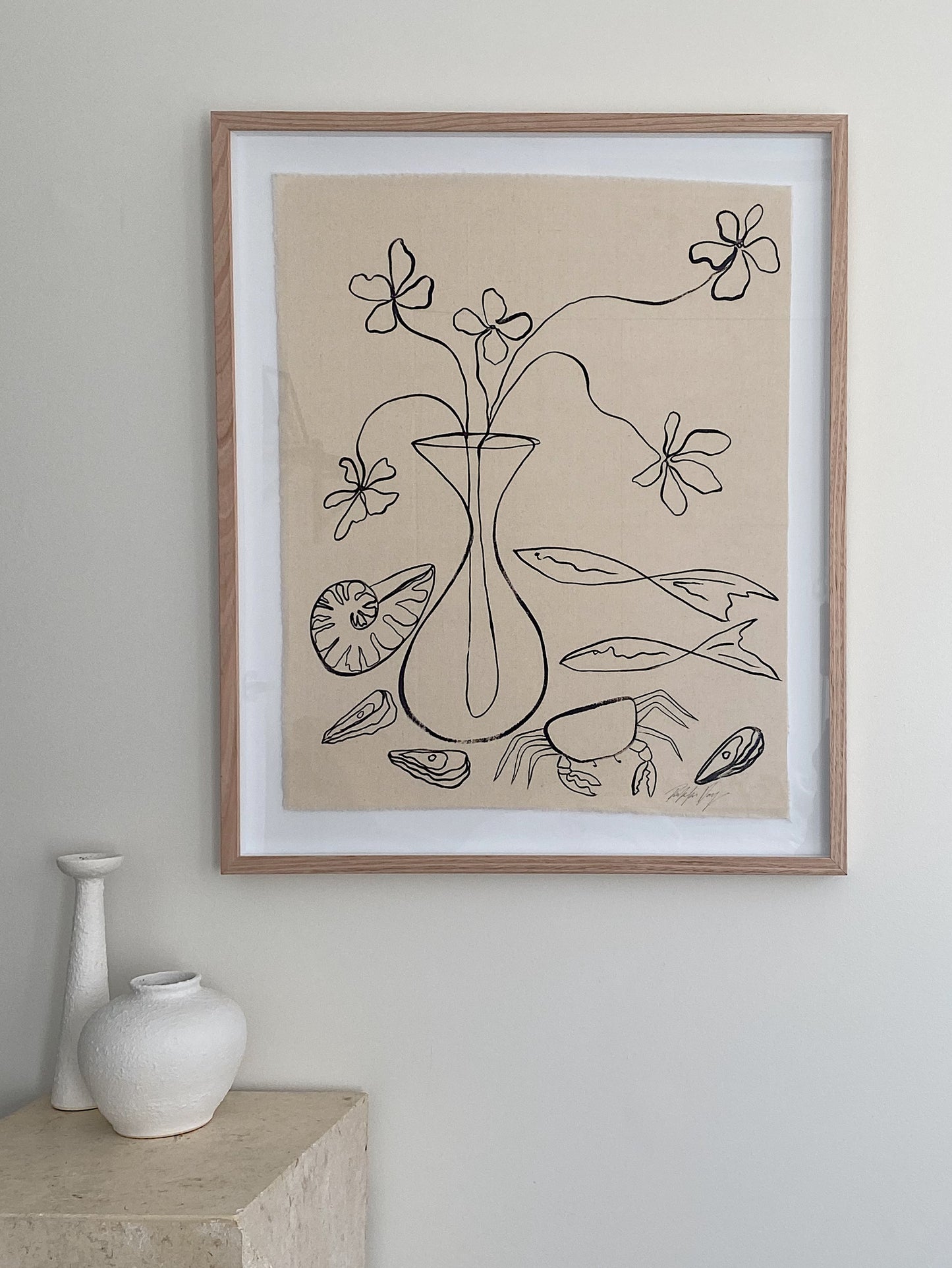 "Listening to seashells" - Original black acrylic on raw cotton, framed in Tasmanian Oak 830mm x 710mm