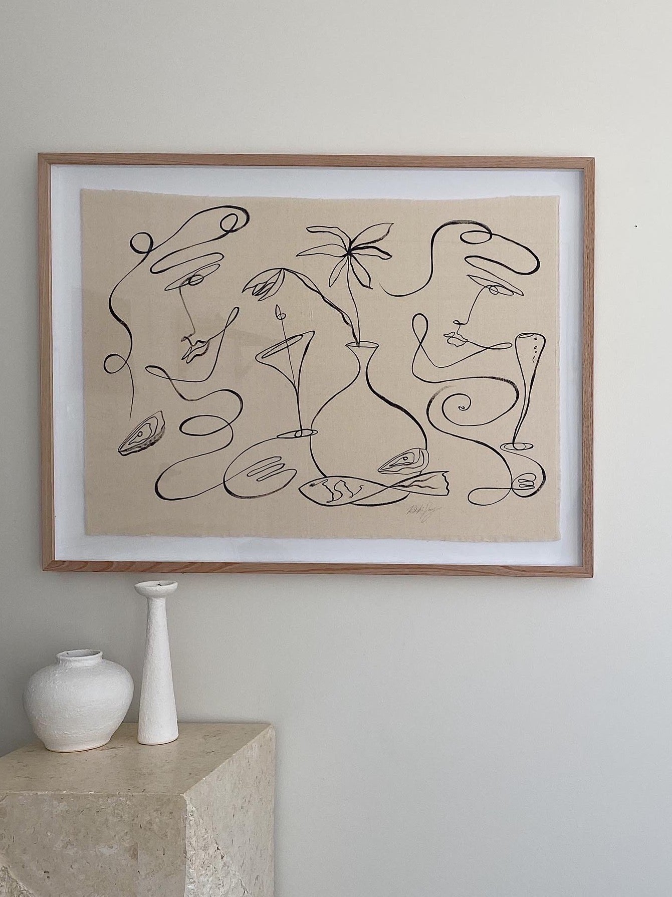 "Meet me in Mykonos" - Original Black acrylic on raw edged cotton, framed in Tasmanian Oak. 1000mm x 740mm