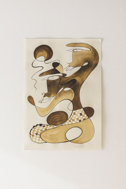 Nurturing - Sepia ink continuous line on soft hand pressed paper.