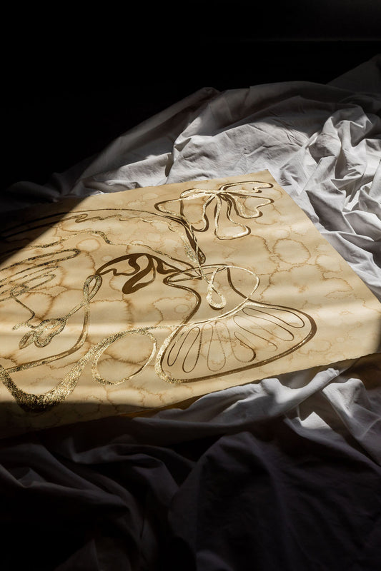 She buys her own flowers - Gold leaf + Sepia ink continuous line on water-dyed paper.