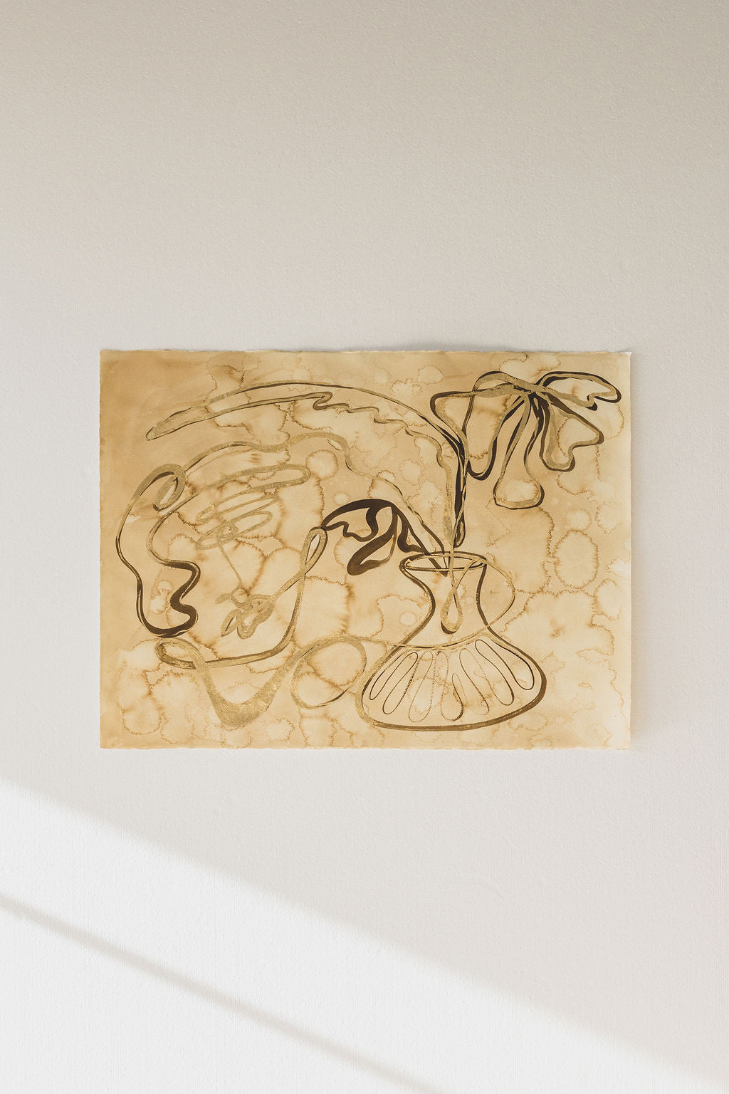 She buys her own flowers - Gold leaf + Sepia ink continuous line on water-dyed paper.