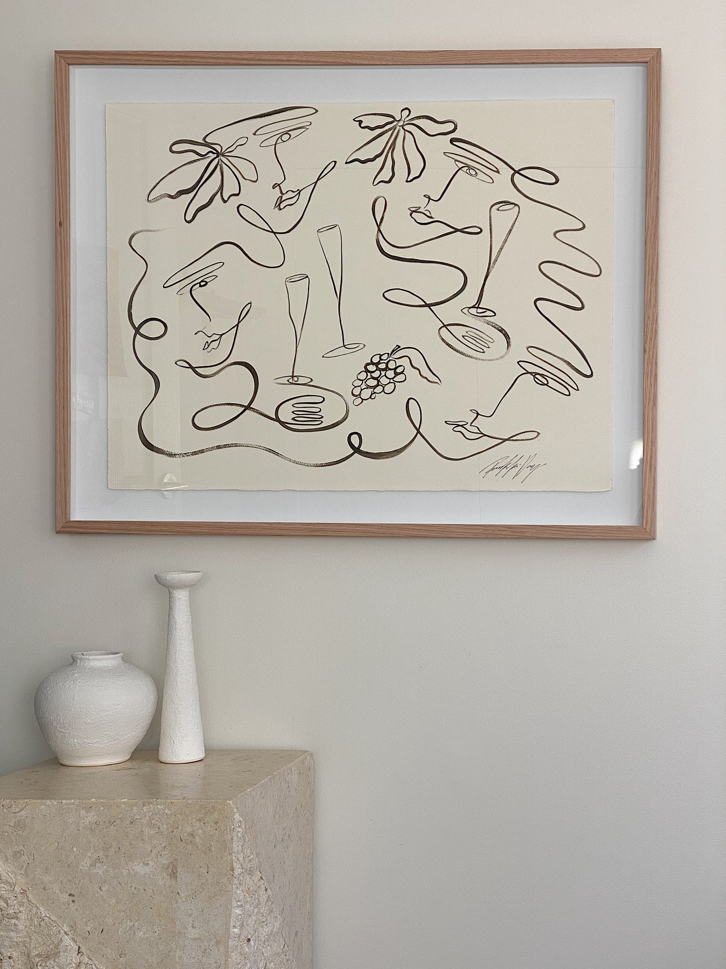 "Table of Plenty" - Original Chocolate brown line work on 300gsm cold pressed paper, framed in Tasmanian Oak. 910mm x 710mm