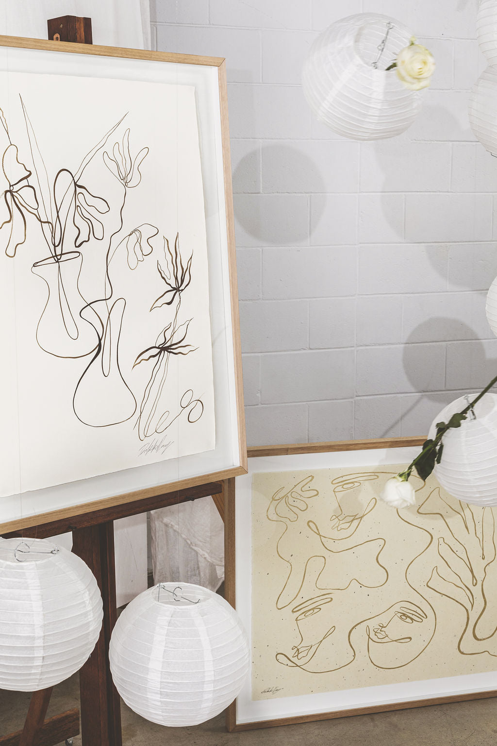 Ikebana- Sepia ink continuous line on soft hand pressed paper.