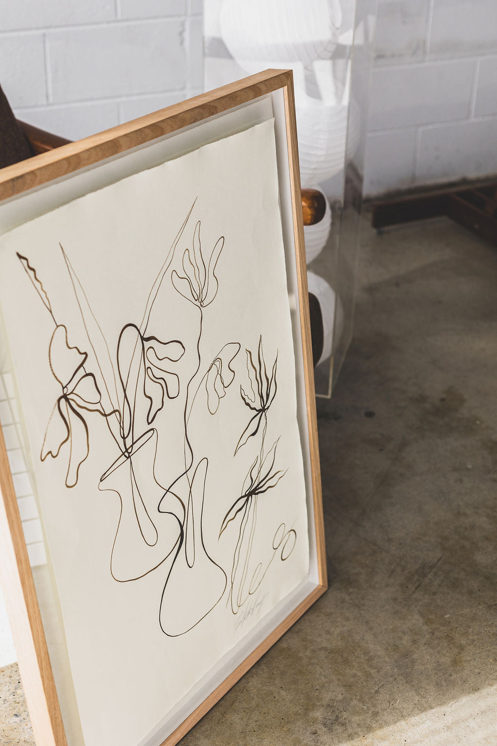 Ikebana- Sepia ink continuous line on soft hand pressed paper.