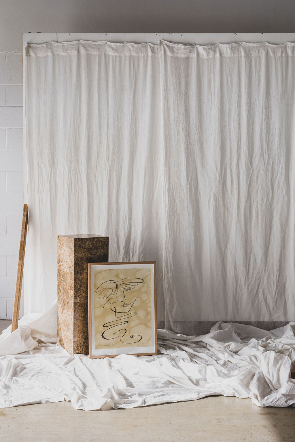 Contemplate - Sepia ink continuous line on water-dyed paper.