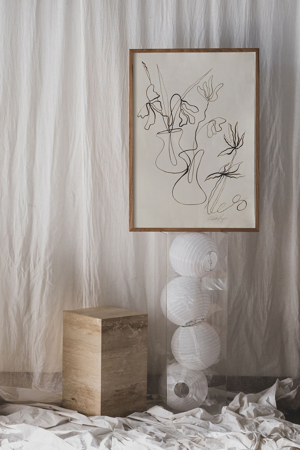 Ikebana- Sepia ink continuous line on soft hand pressed paper.