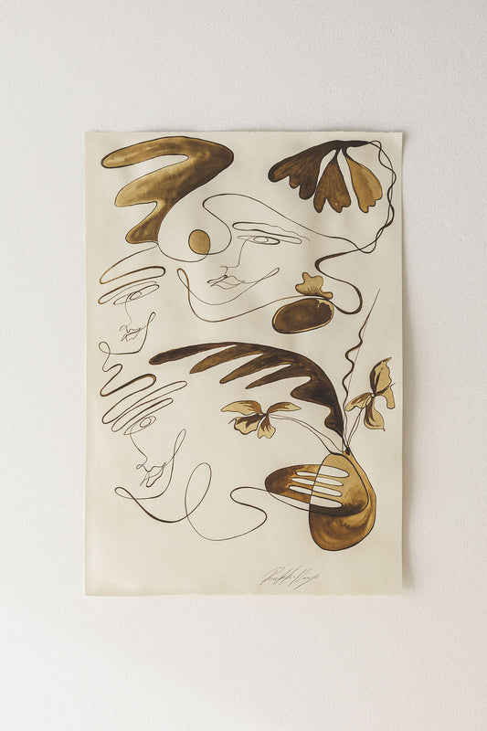 Traditions - Sepia ink continuous line on soft hand pressed paper.