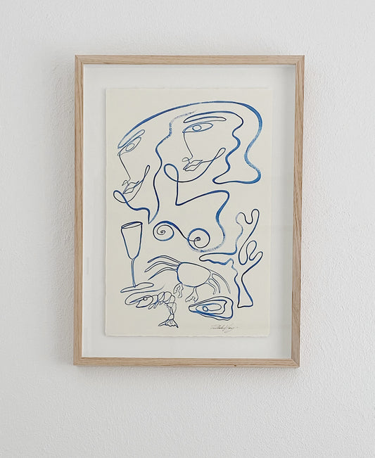 "You & I with an ocean of champagne" Original Acrylic on 300gsm Cold Pressed Paper, Framed in Tasmanian Oak. 530mm x 715mm