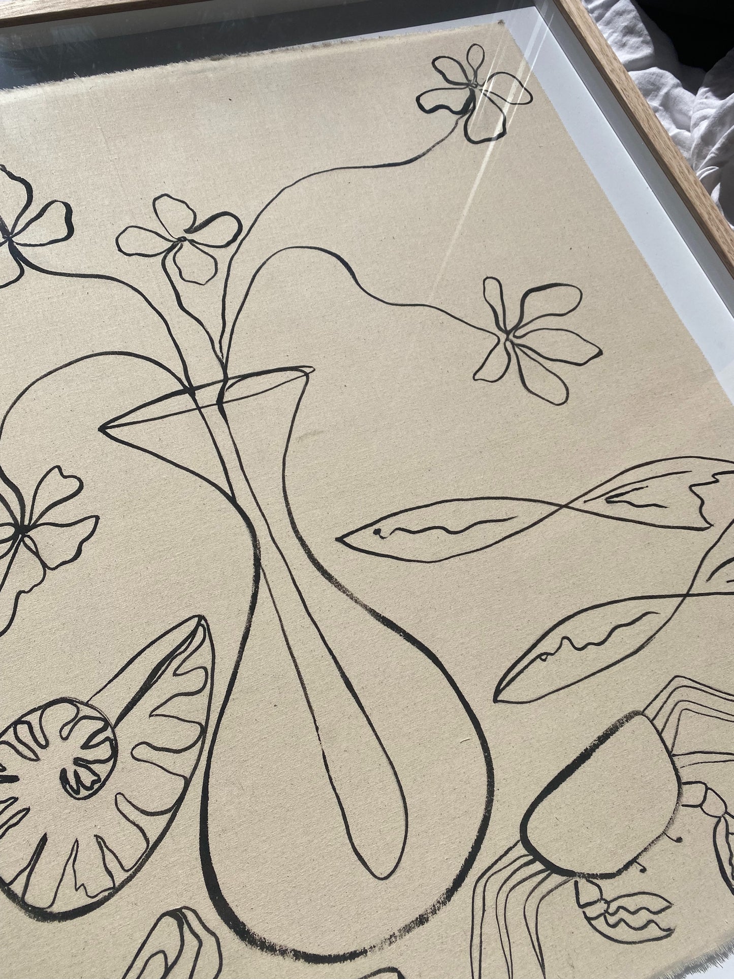 "Listening to seashells" - Original black acrylic on raw cotton, framed in Tasmanian Oak 830mm x 710mm