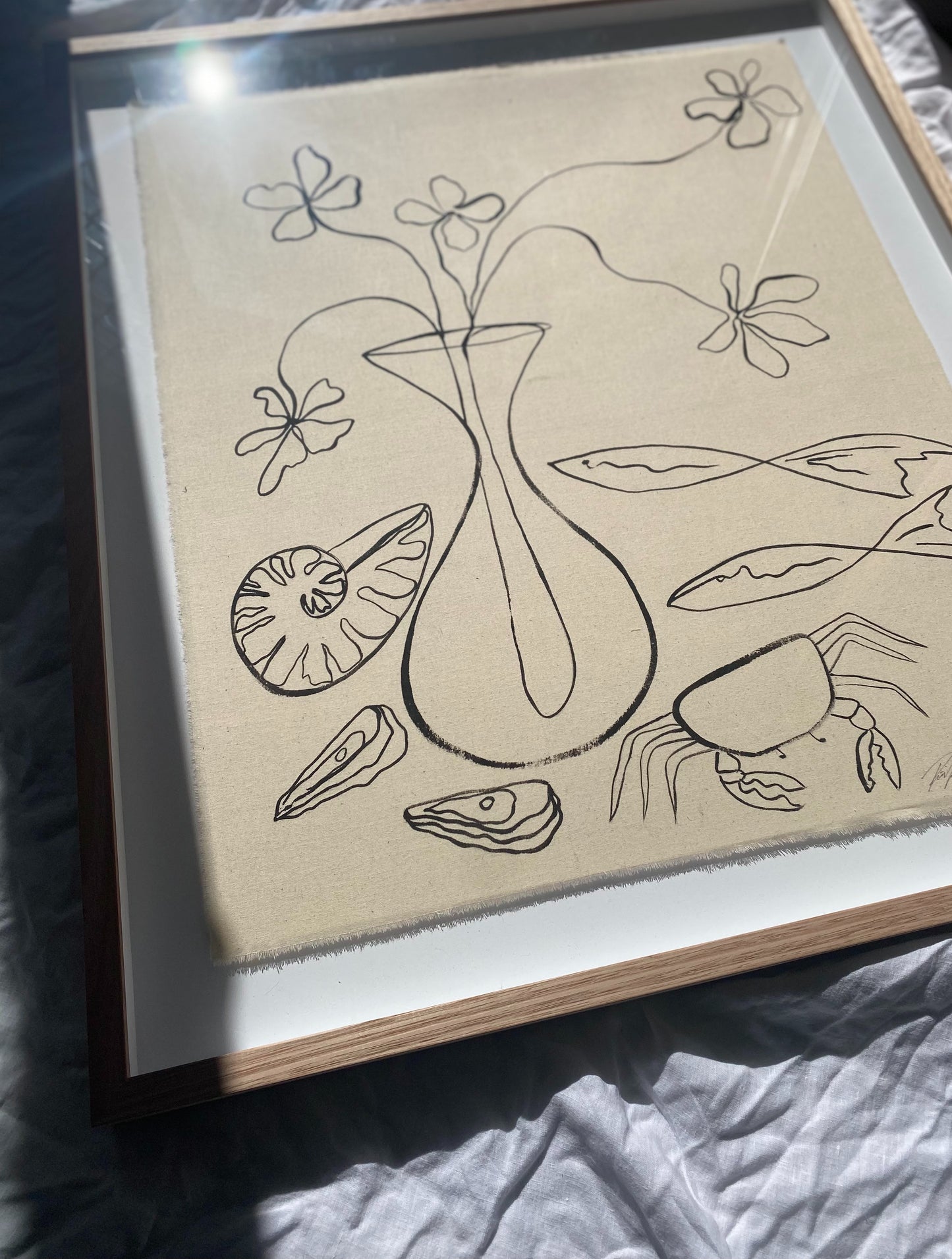 "Listening to seashells" - Original black acrylic on raw cotton, framed in Tasmanian Oak 830mm x 710mm