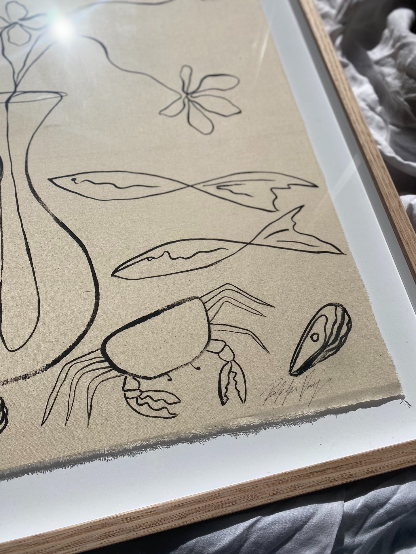 "Listening to seashells" - Original black acrylic on raw cotton, framed in Tasmanian Oak 830mm x 710mm