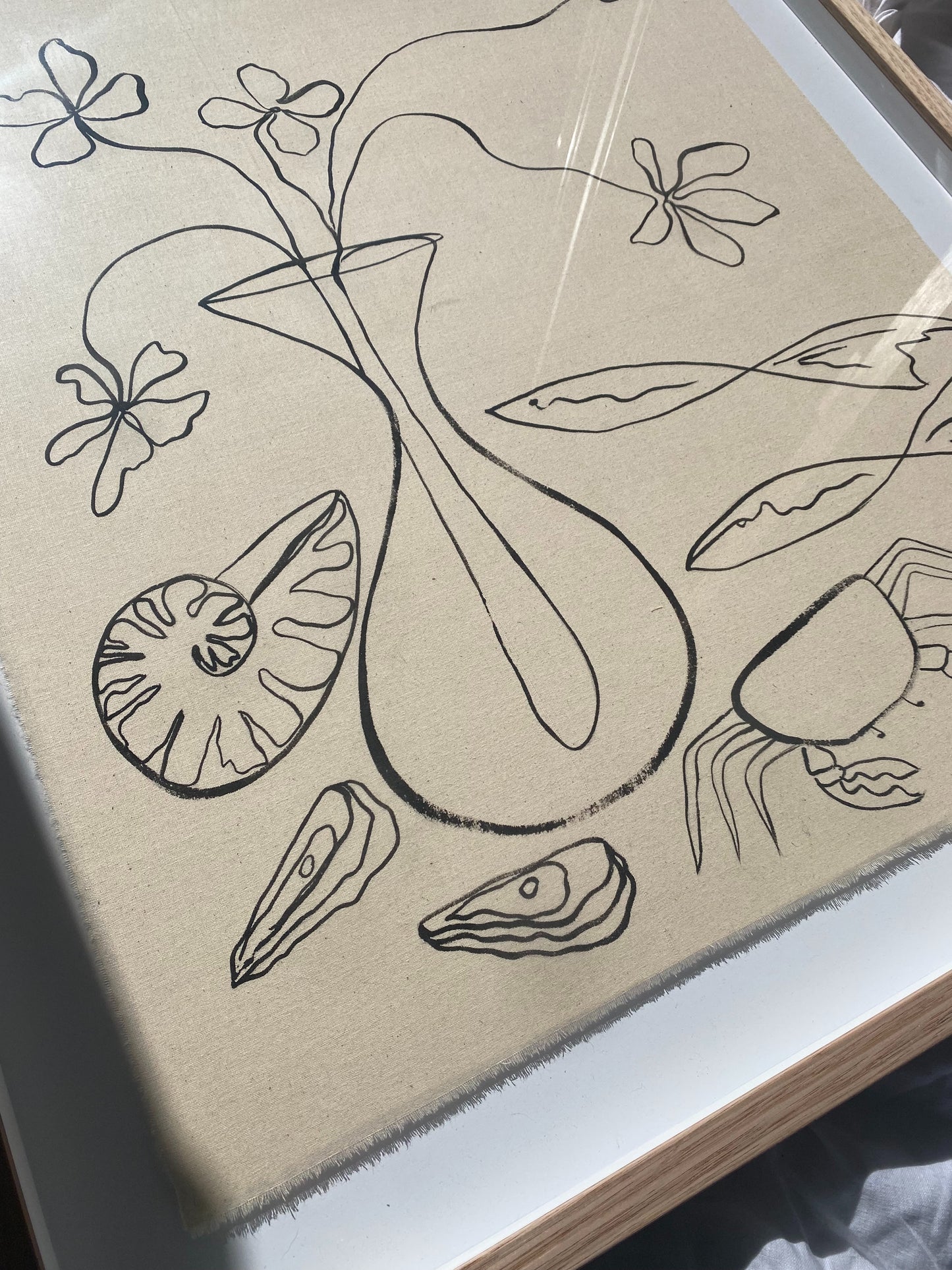 "Listening to seashells" - Original black acrylic on raw cotton, framed in Tasmanian Oak 830mm x 710mm