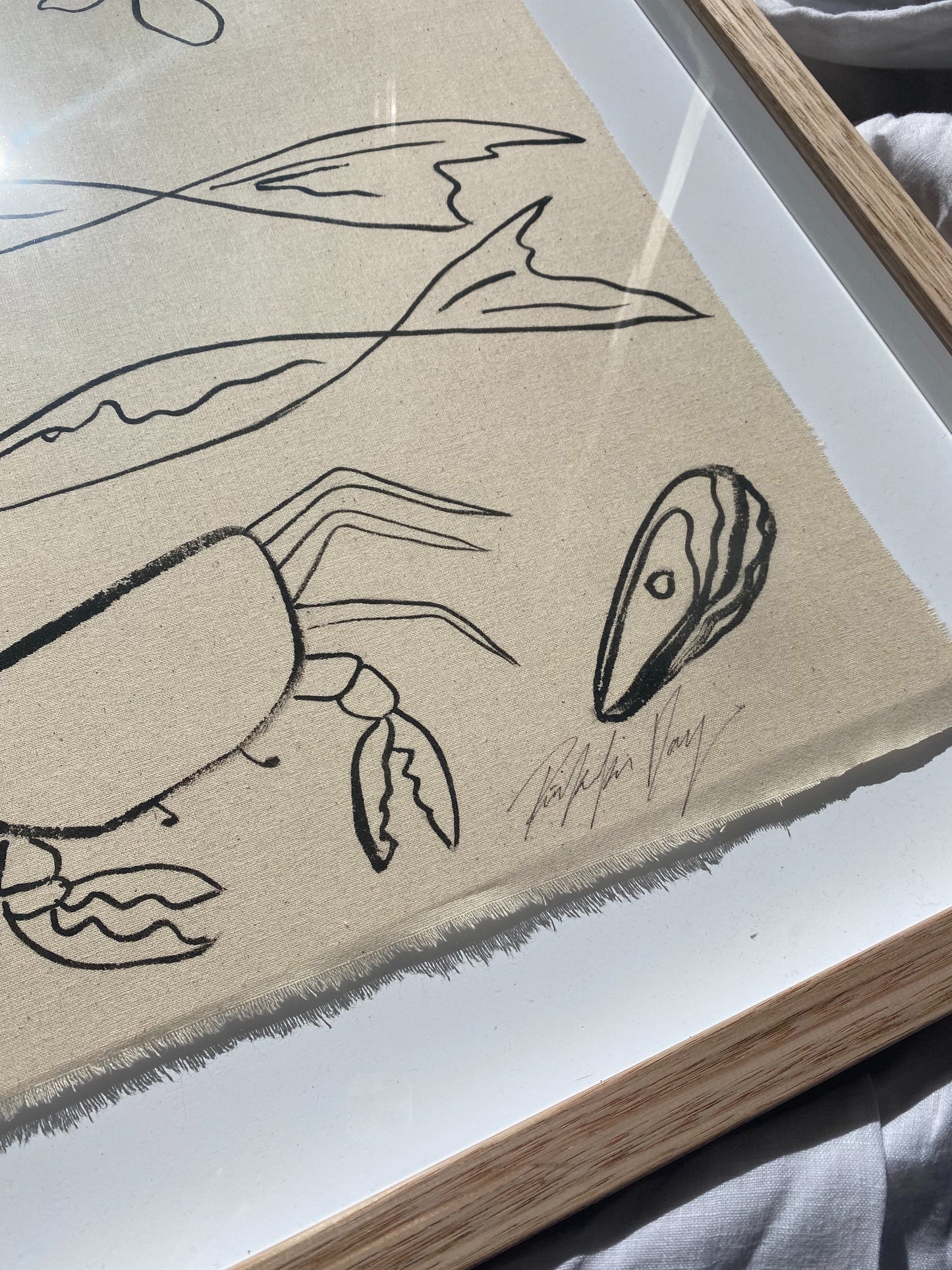 "Listening to seashells" - Original black acrylic on raw cotton, framed in Tasmanian Oak 830mm x 710mm