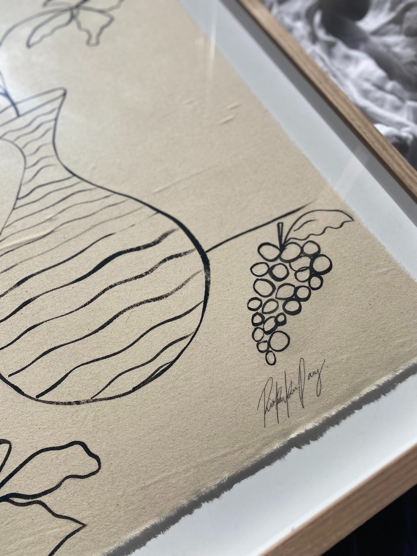 "From the Garden" - Original black acrylic on raw cotton, framed in Tasmanian Oak. 710mm x 580mm