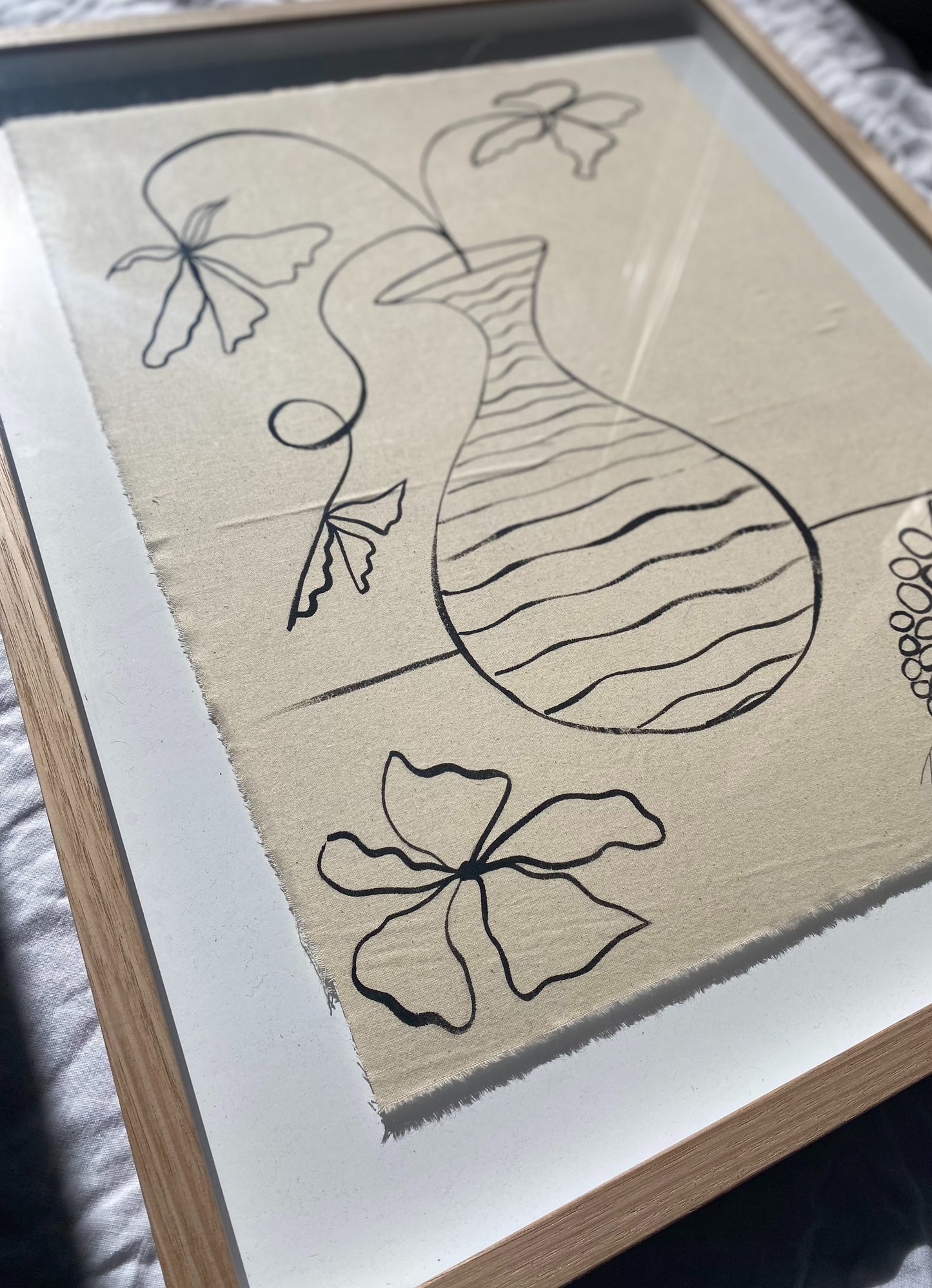 "From the Garden" - Original black acrylic on raw cotton, framed in Tasmanian Oak. 710mm x 580mm