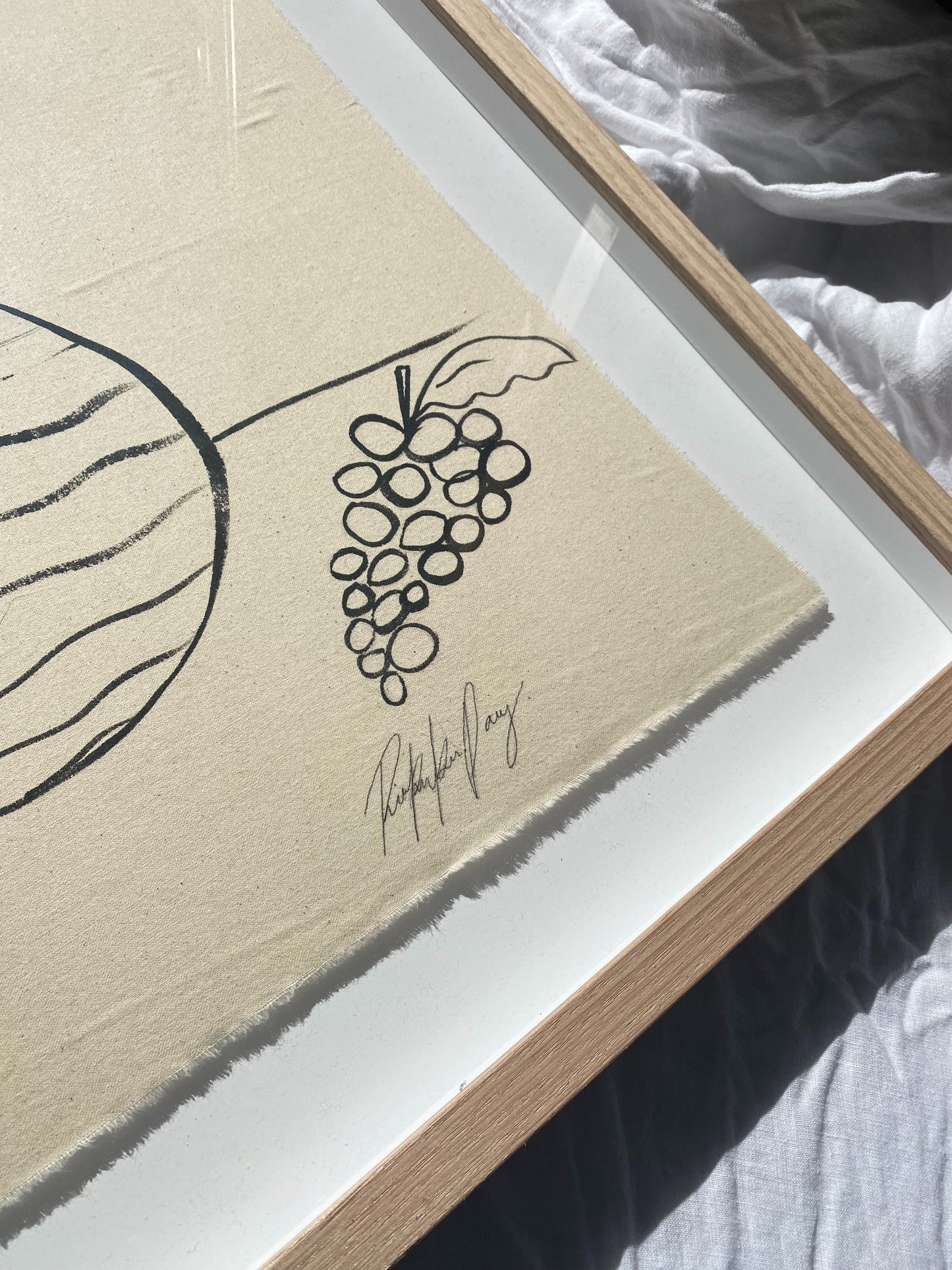 "From the Garden" - Original black acrylic on raw cotton, framed in Tasmanian Oak. 710mm x 580mm