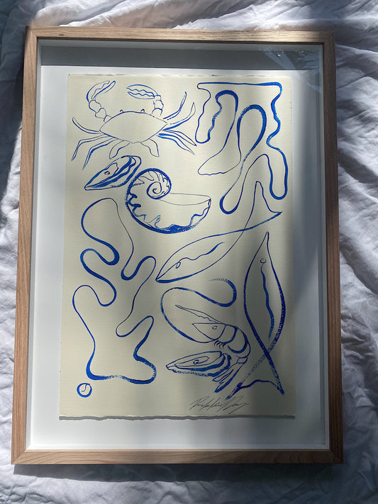 Below the foam and bubble. - Original Blue line work on cold pressed paper, famed in Tasmanian Oak, 700mm x 520mm