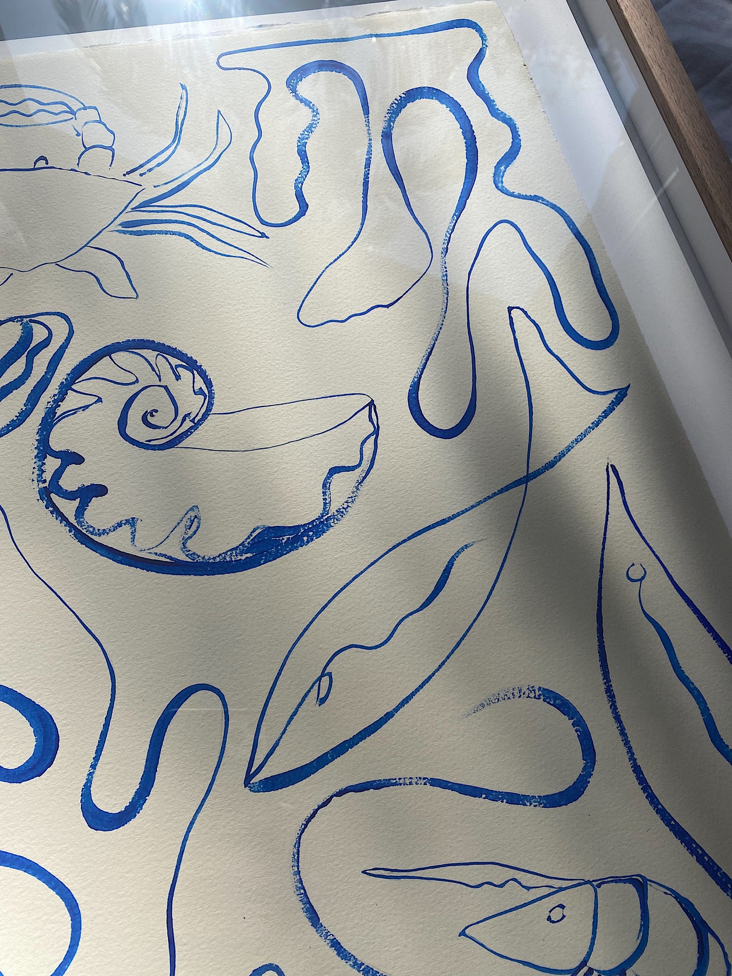 Below the foam and bubble. - Original Blue line work on cold pressed paper, famed in Tasmanian Oak, 700mm x 520mm
