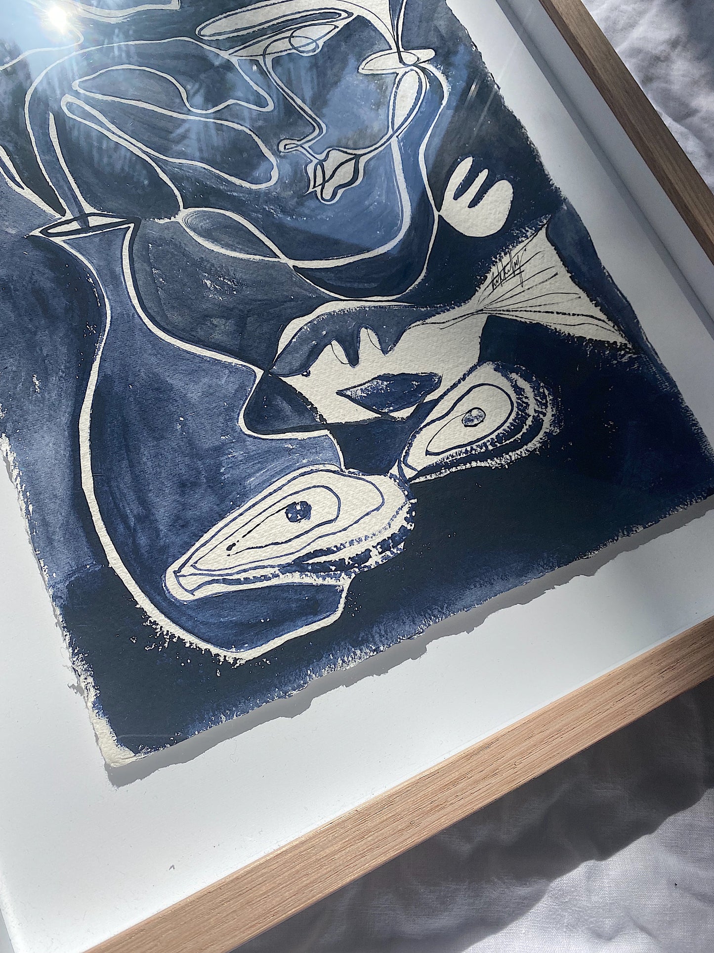 "Midnight Swim" - Original dark blue acrylic on cotton Khadi paper, framed in Tasmanian Oak, 560mm x 430mm