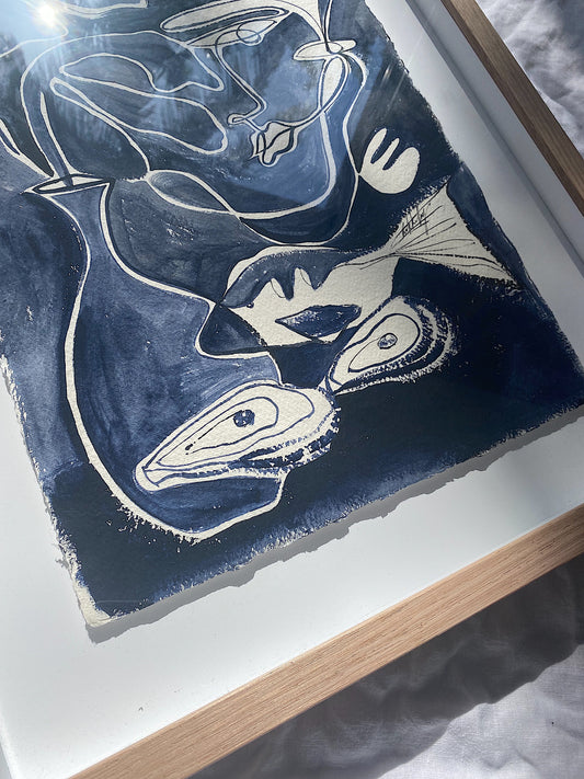 "Midnight Swim" - Original dark blue acrylic on cotton Khadi paper, framed in Tasmanian Oak, 560mm x 430mm