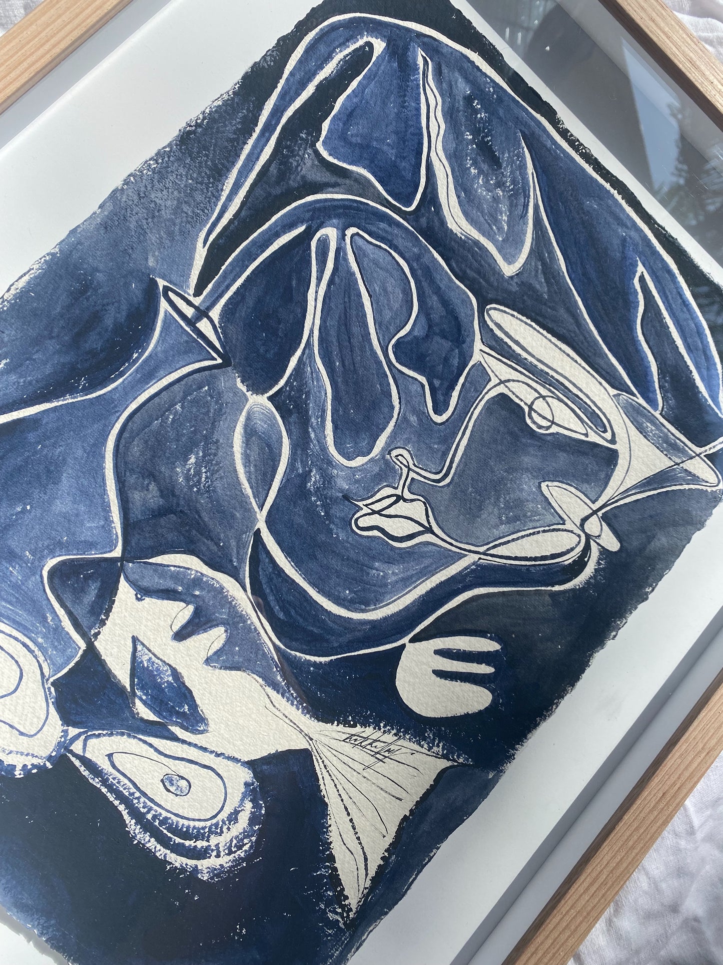 "Midnight Swim" - Original dark blue acrylic on cotton Khadi paper, framed in Tasmanian Oak, 560mm x 430mm