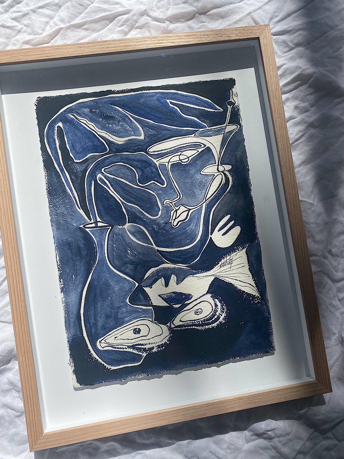 "Midnight Swim" - Original dark blue acrylic on cotton Khadi paper, framed in Tasmanian Oak, 560mm x 430mm