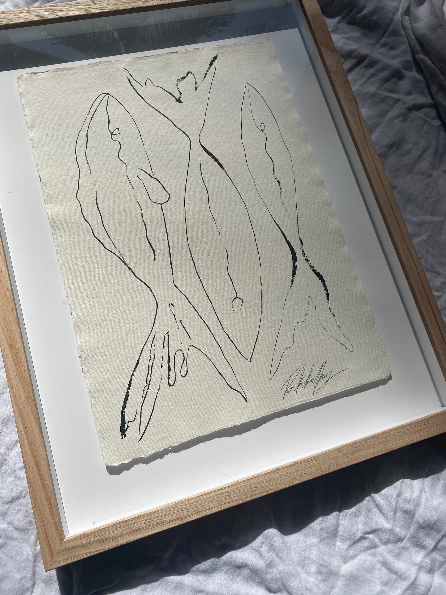 "Market Day" - Original black acrylic on Khadi paper, framed in Tasmanian Oak. 560mm x 430mm