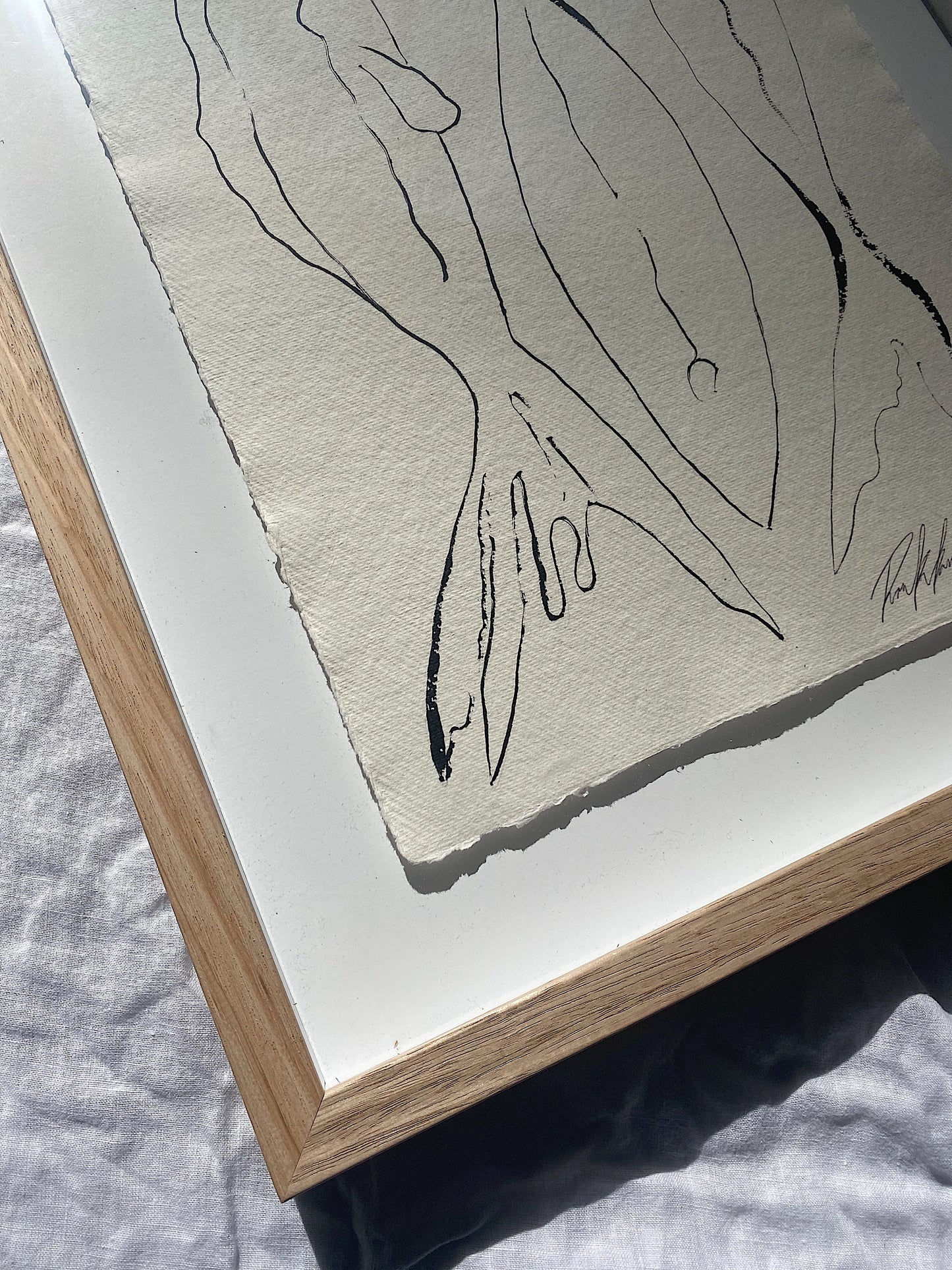 "Market Day" - Original black acrylic on Khadi paper, framed in Tasmanian Oak. 560mm x 430mm