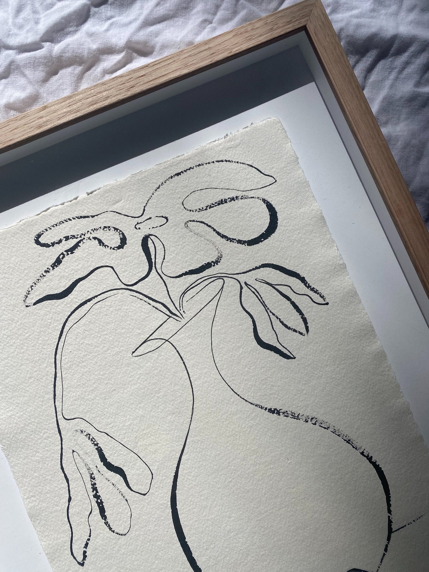 "In Bloom" - Original black acrylic on Khadi paper, framed in Tasmanian Oak. 560mm x 430mm